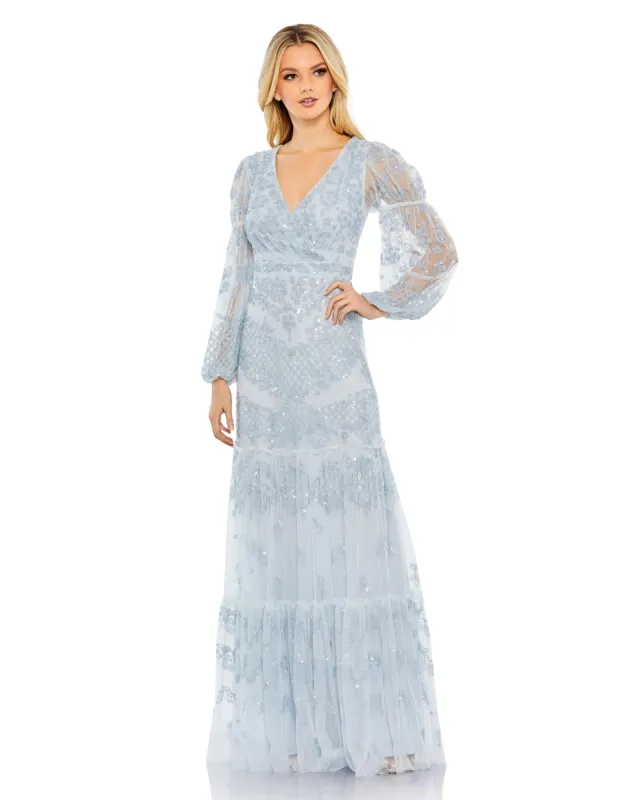 Blue Sequined Tiered Wrap Over Puff Sleeve Gown sold by Mac Duggal