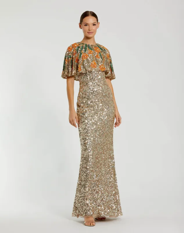 Gold Embellished Gown With Floral Beaded Shawl sold by Mac Duggal