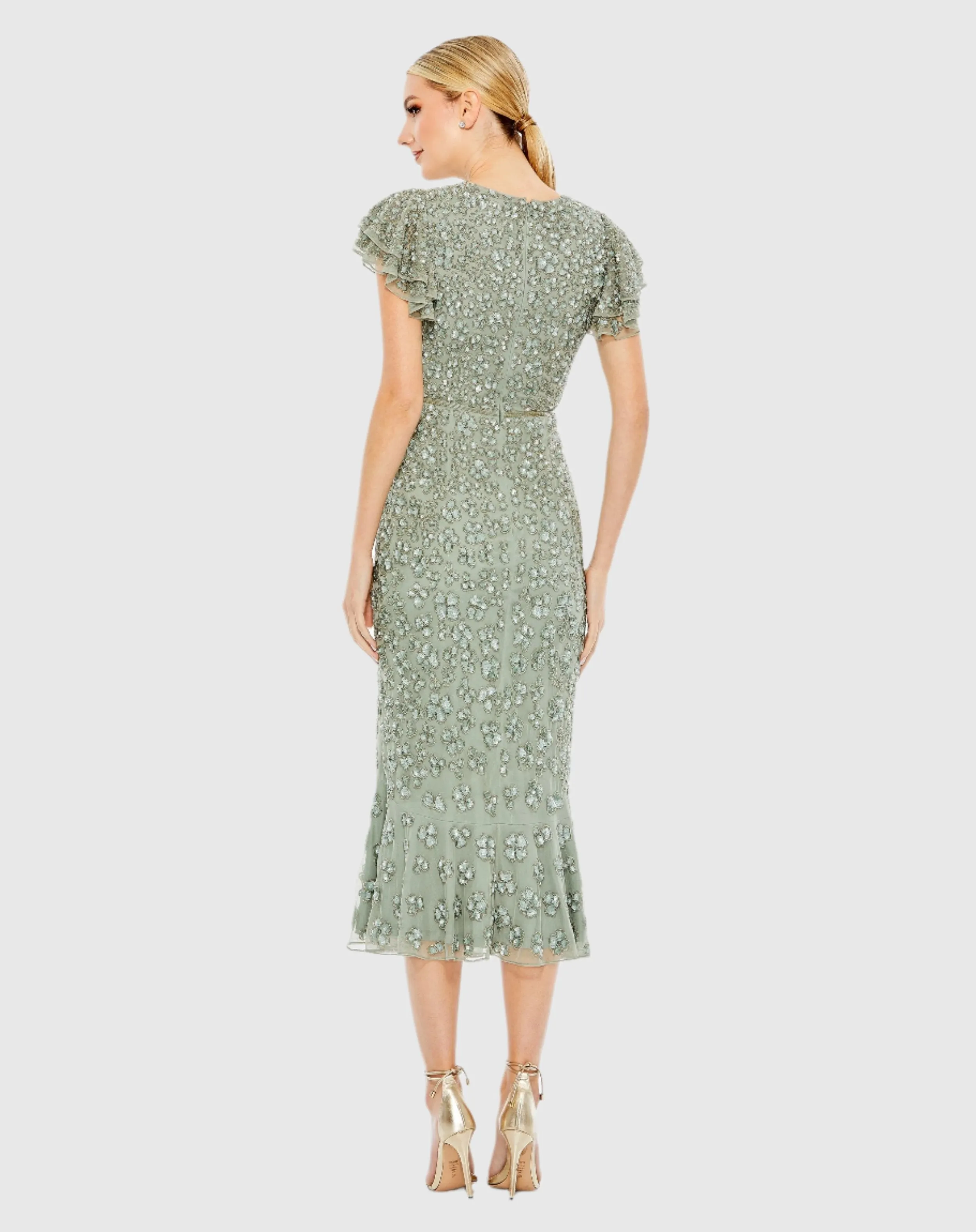Green Hand Beaded Flounce Sleeve Midi Dress sold by Mac Duggal product image thumbnail 3