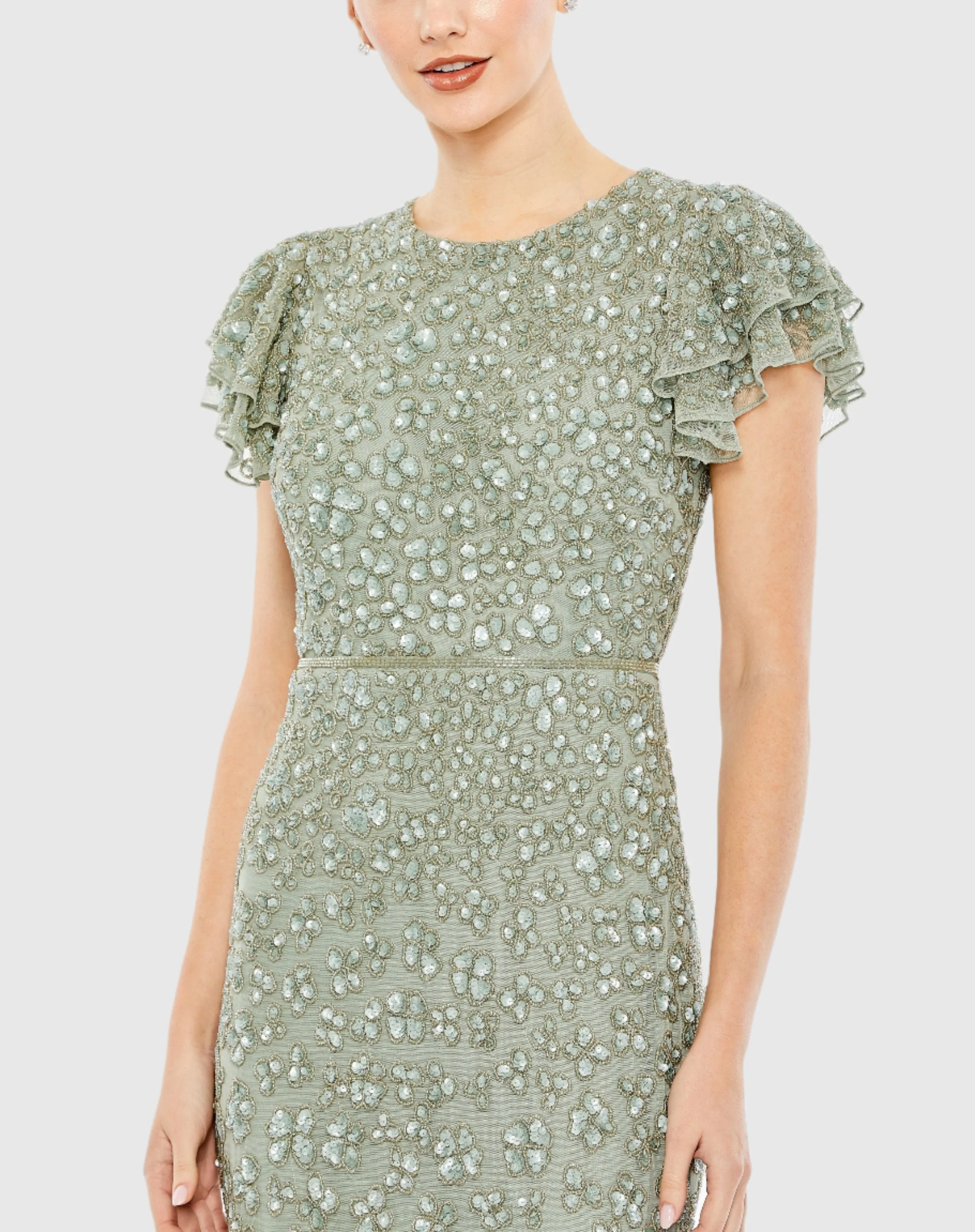 Green Hand Beaded Flounce Sleeve Midi Dress sold by Mac Duggal product image thumbnail 2