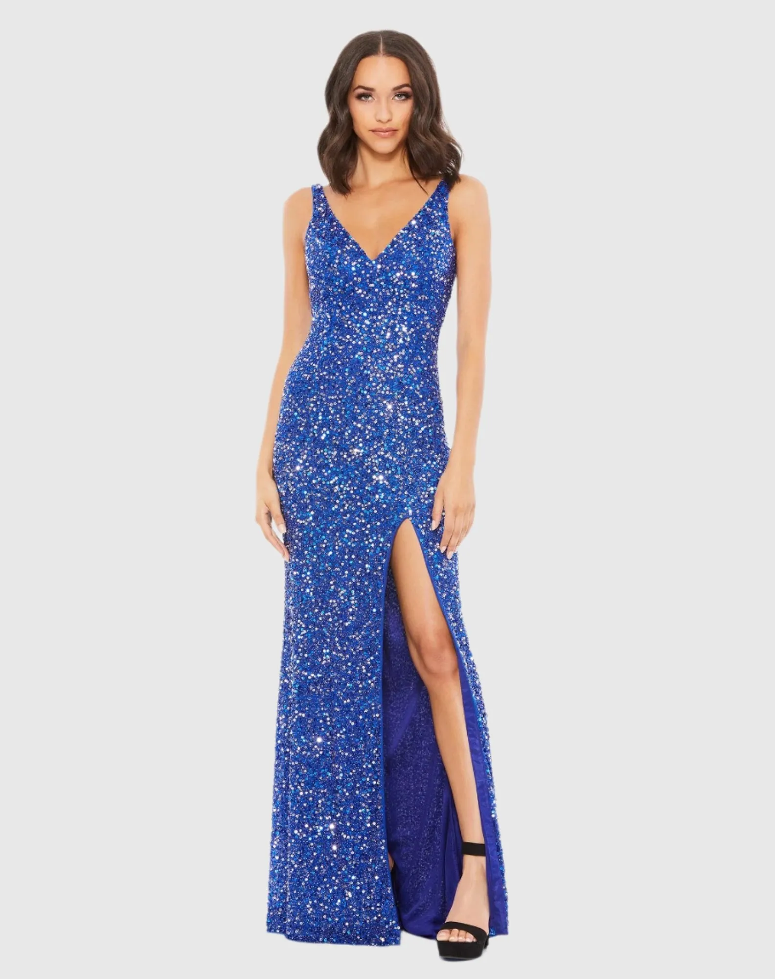Blue Sequined Sleeveless V Neck Side Slit Gown sold by Mac Duggal