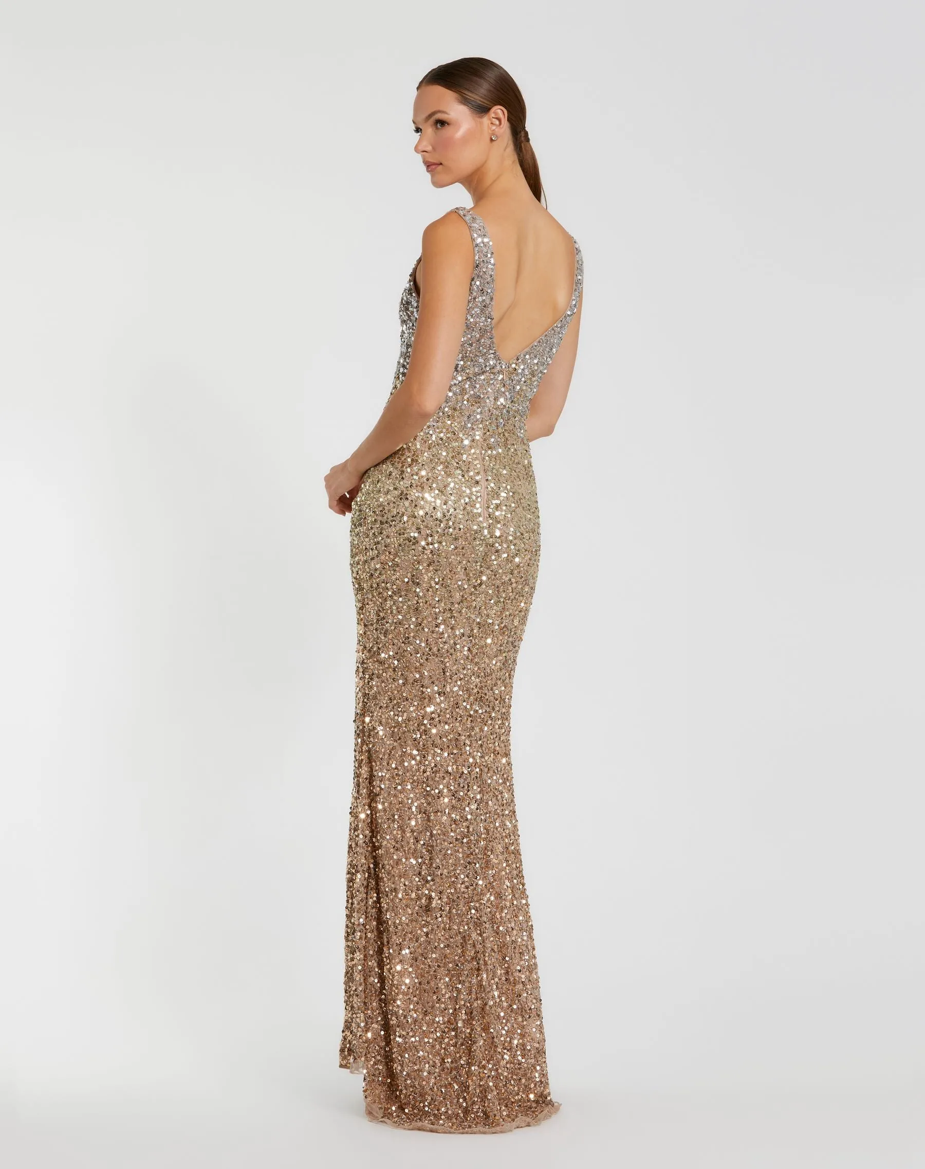 Gold Sequined Sleeveless V Neck Side Slit Gown sold by Mac Duggal product image thumbnail 3