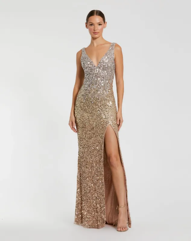 Gold Sequined Sleeveless V Neck Side Slit Gown sold by Mac Duggal