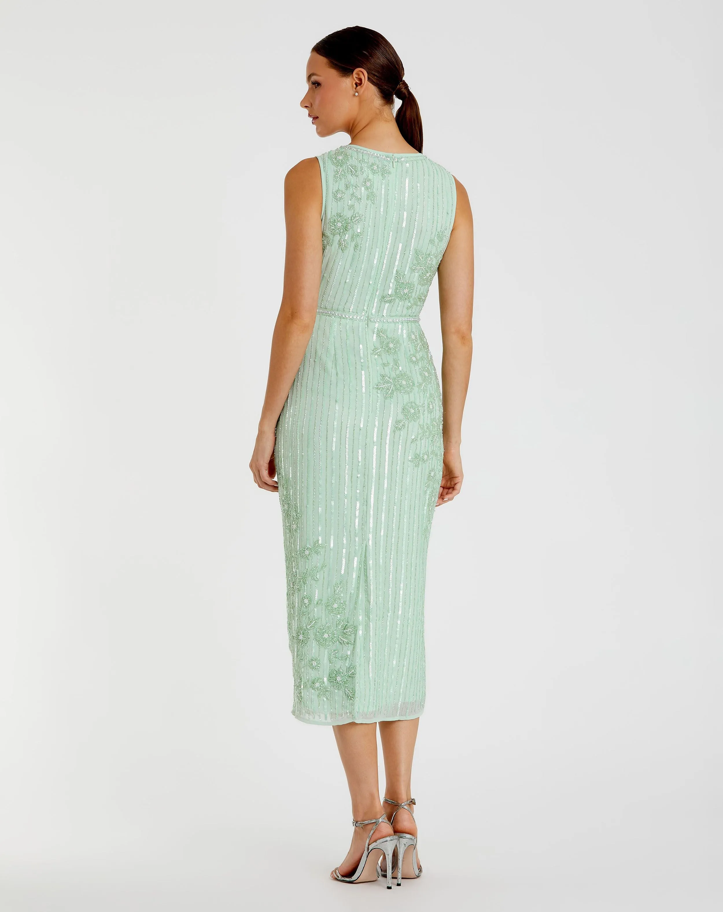 Green Striped Floral Embellished Sleeveless Midi Dress sold by Mac Duggal product image thumbnail 3