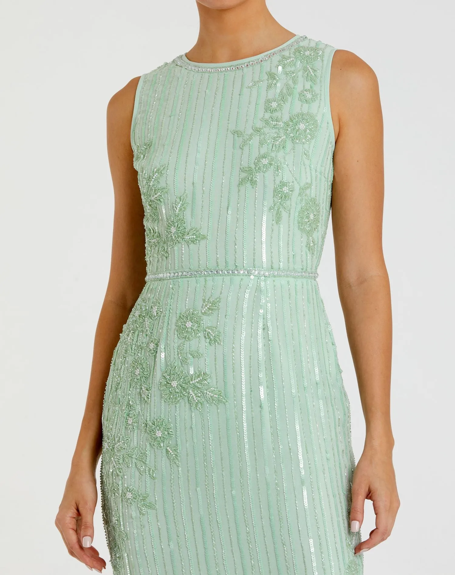 Green Striped Floral Embellished Sleeveless Midi Dress sold by Mac Duggal product image thumbnail 2