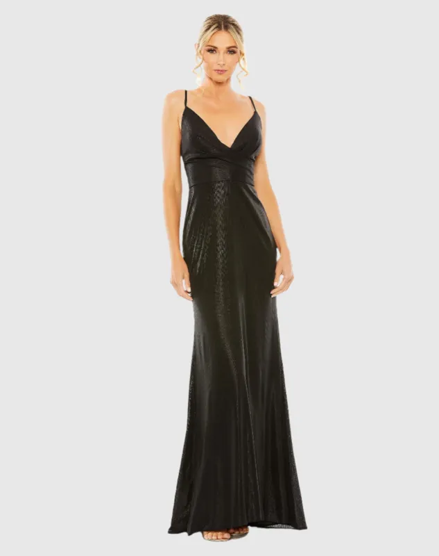 Black Metallic Faux Wrap Spaghetti Strap Gown sold by Mac Duggal