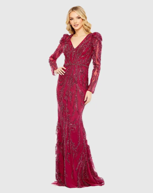 Embellished Puff Sleeve V Neck Gown sold by Mac Duggal