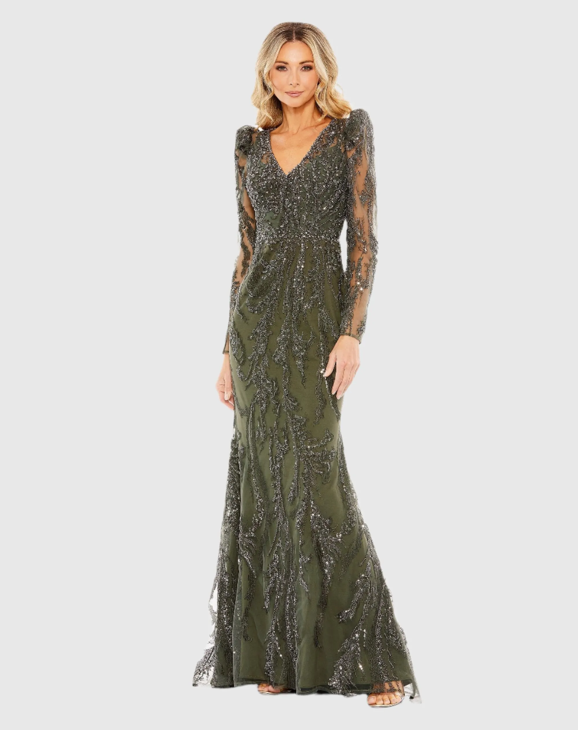 Green Embellished Puff Sleeve V Neck Gown sold by Mac Duggal