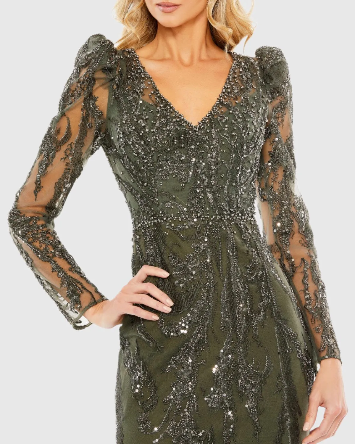 Green Embellished Puff Sleeve V Neck Gown sold by Mac Duggal product image thumbnail 2
