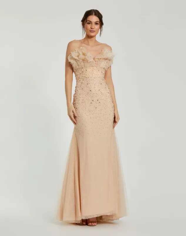 Beige Strapless Embellished Tulle Mermaid Gown sold by Mac Duggal