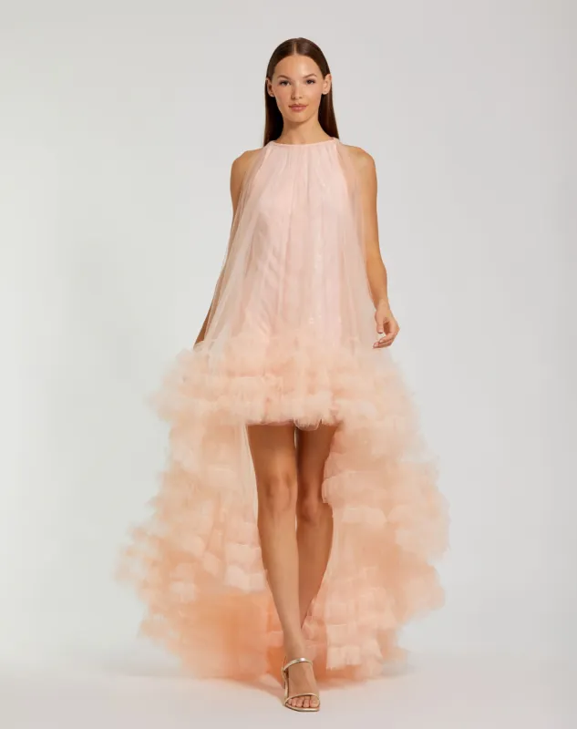 Light Pink Tulle High Neck Sleeveless Ruffled Hem Hi-Low Gown sold by Mac Duggal
