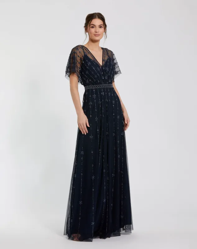Navy V Neck Embellished Flutter Sleeve A Line Gown sold by Mac Duggal