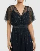 Navy V Neck Embellished Flutter Sleeve A Line Gown sold by Mac Duggal