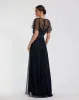 Navy V Neck Embellished Flutter Sleeve A Line Gown sold by Mac Duggal