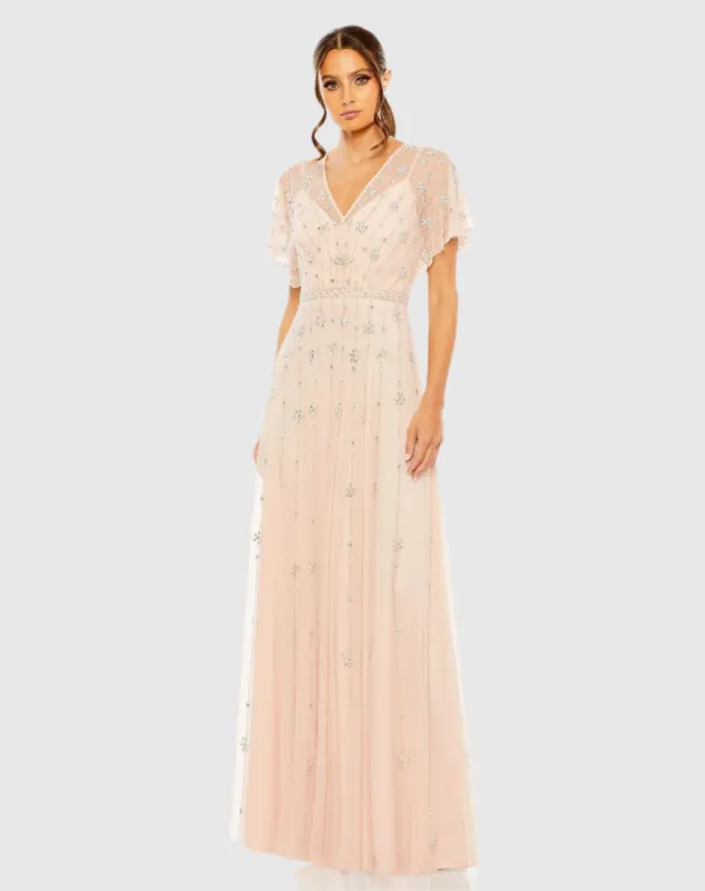 Pink V Neck Embellished Flutter Sleeve A Line Gown sold by Mac Duggal