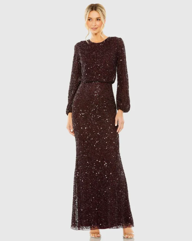 Red High Neck Long Sleeve Beaded Blouson Gown sold by Mac Duggal