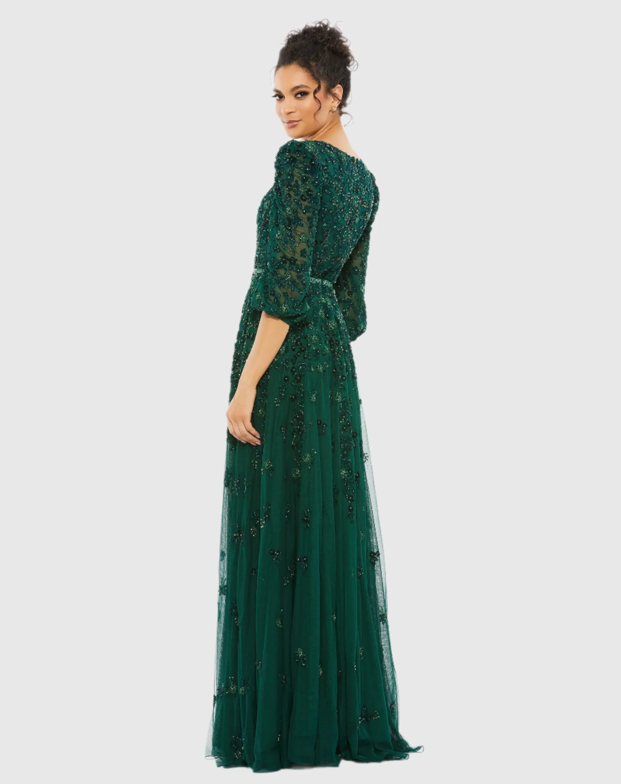 Green Embellished V Neck 3/4 Sleeve A Line Gown sold by Mac Duggal product image thumbnail 3
