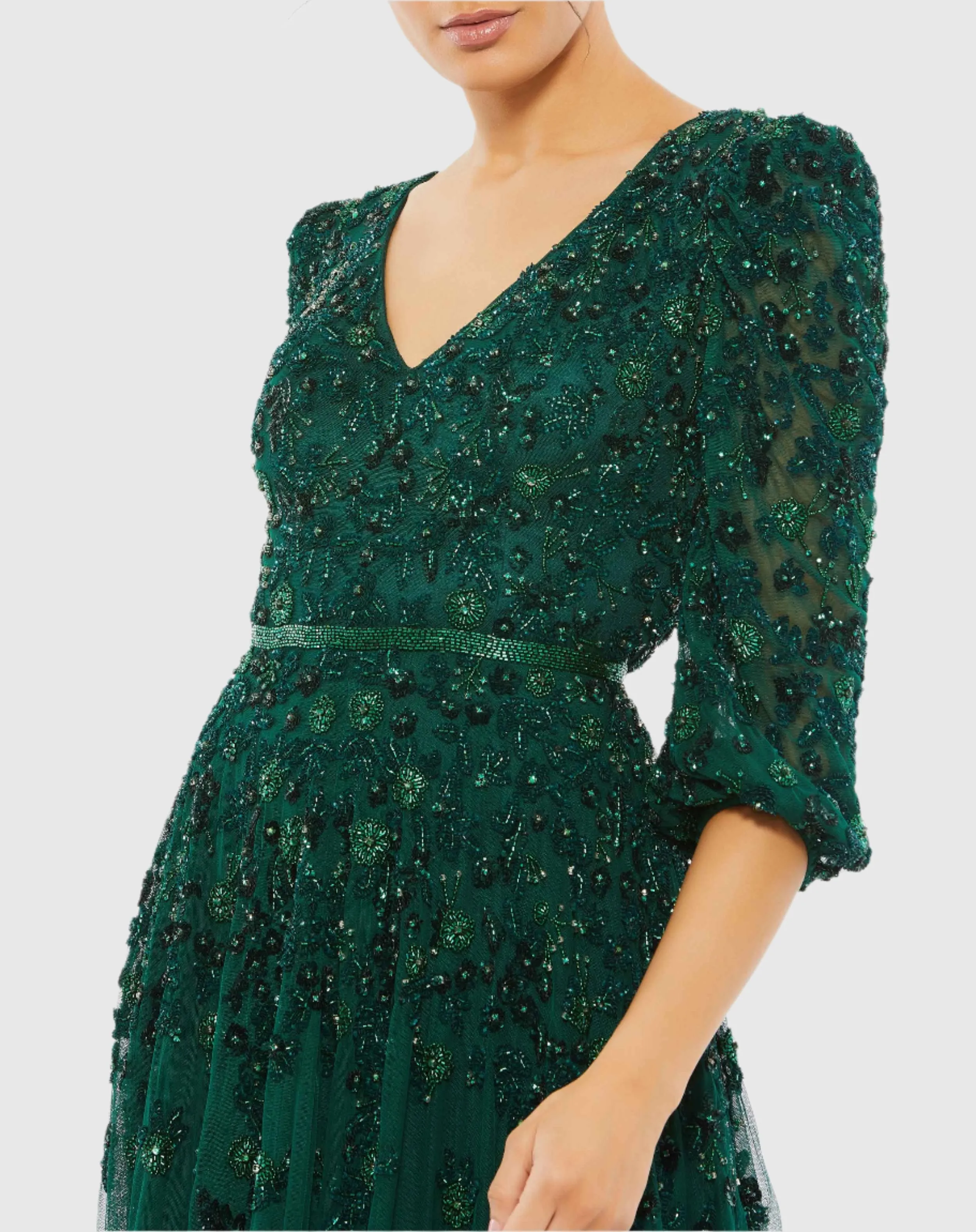 Green Embellished V Neck 3/4 Sleeve A Line Gown sold by Mac Duggal product image thumbnail 2