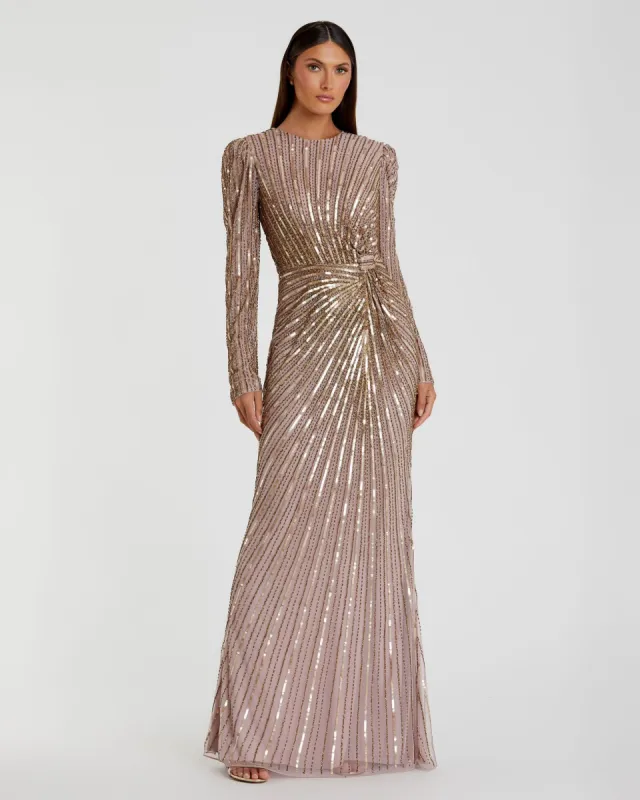 Brown Embellished Puff Sleeve Side Knot Gown sold by Mac Duggal