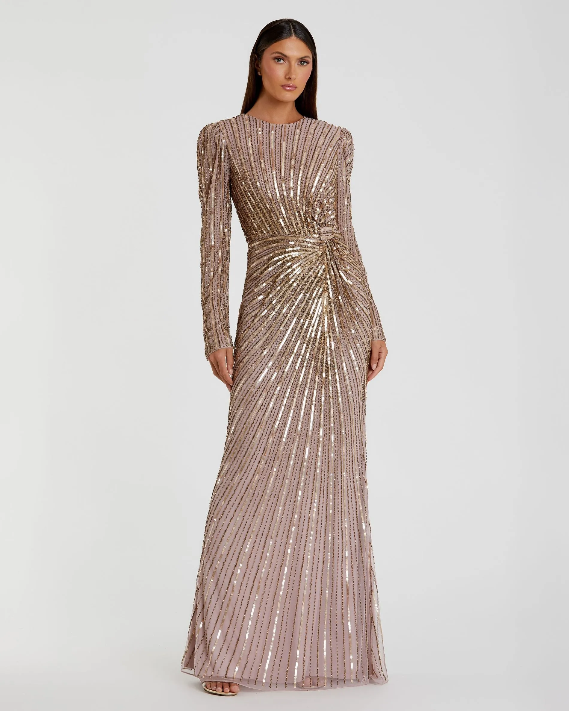 Brown Embellished Puff Sleeve Side Knot Gown sold by Mac Duggal