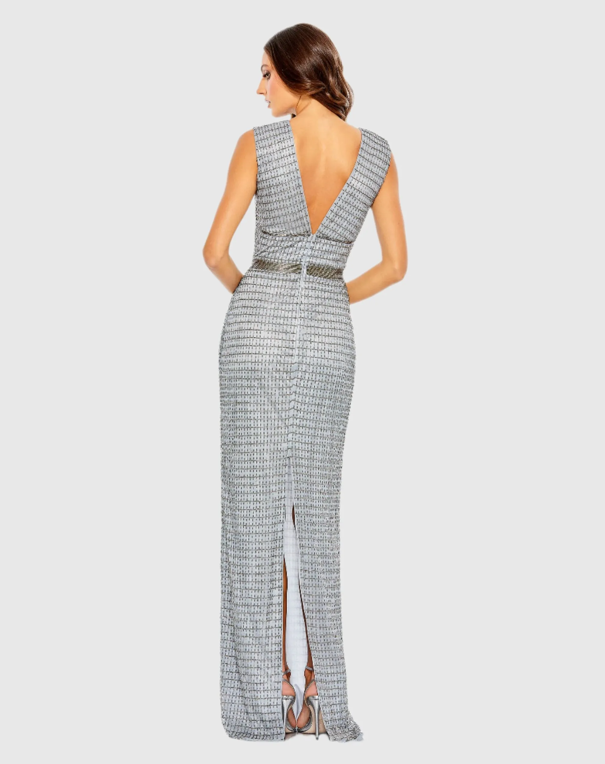 Silver Beaded Cap Sleeve V Neck Column Gown sold by Mac Duggal product image thumbnail 3
