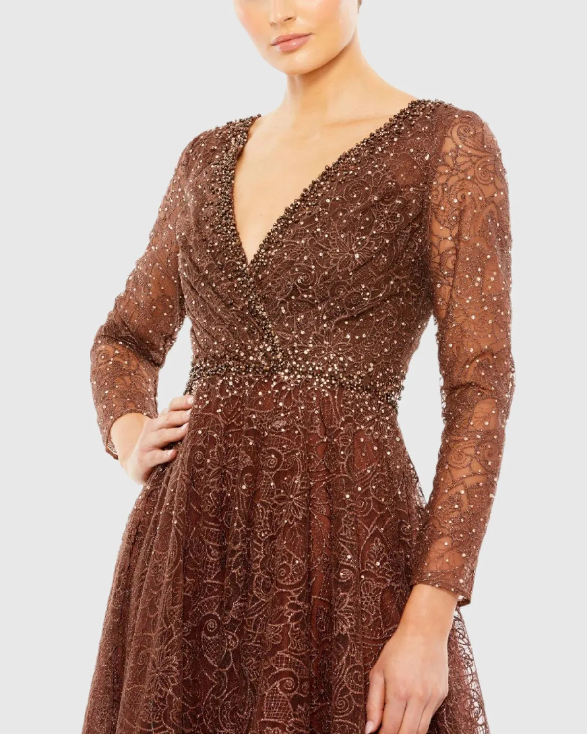 Brown Embellished Illusion Long Sleeve V Neck Gown sold by Mac Duggal product image thumbnail 2