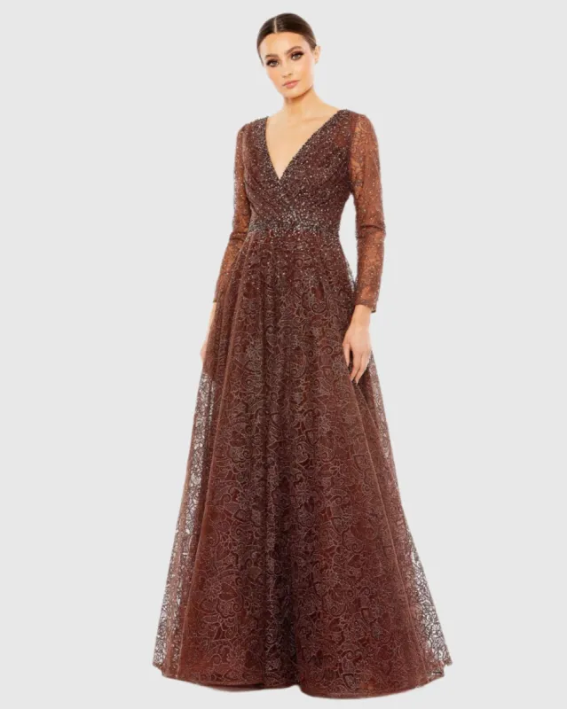Brown Embellished Illusion Long Sleeve V Neck Gown sold by Mac Duggal
