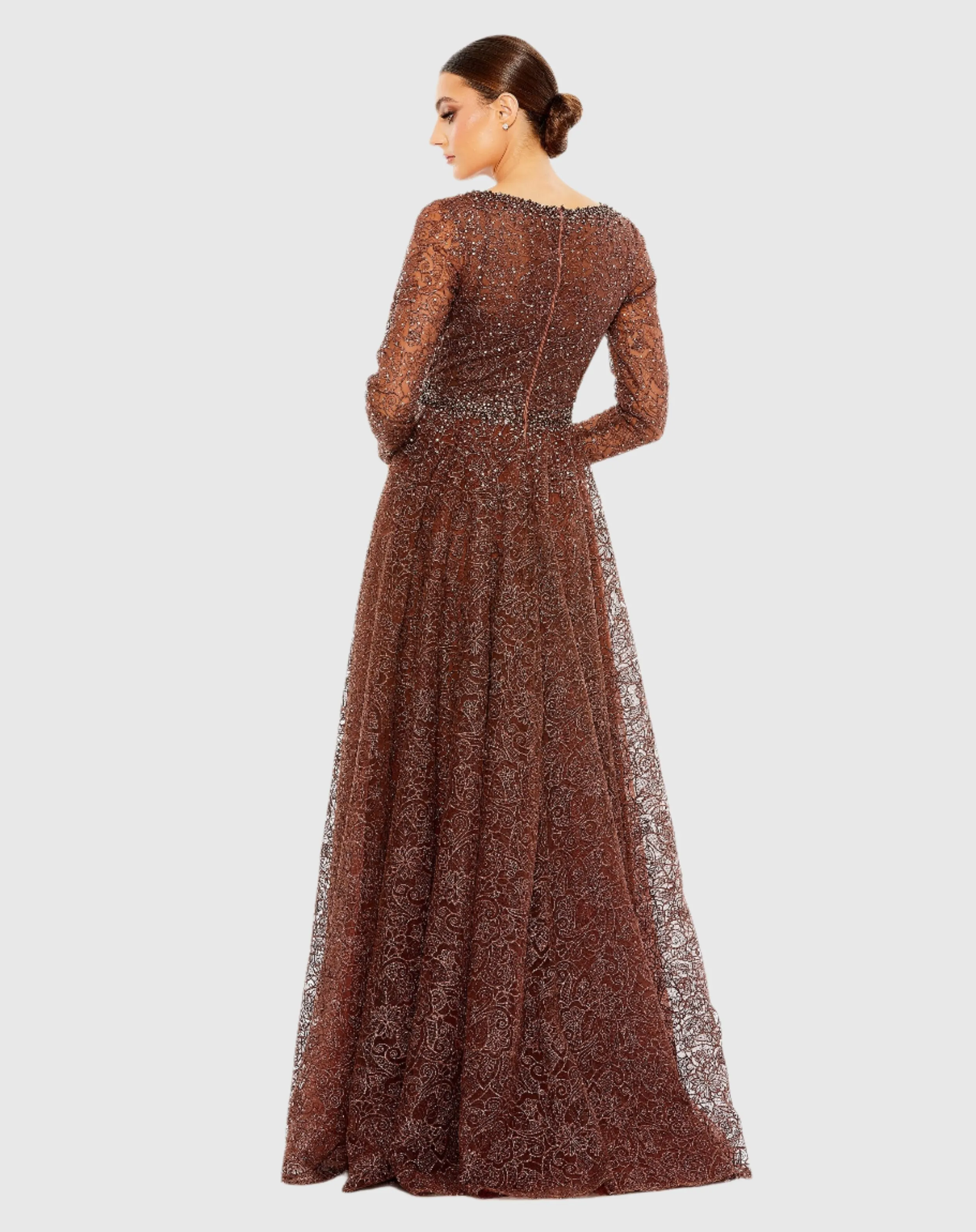 Brown Embellished Illusion Long Sleeve V Neck Gown sold by Mac Duggal product image thumbnail 3
