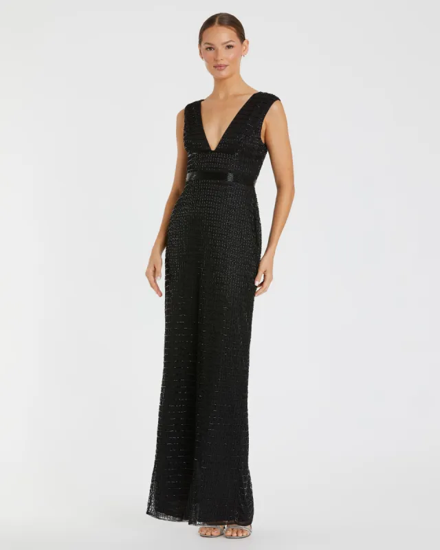 Black Beaded Cap Sleeve V Neck Column Gown sold by Mac Duggal