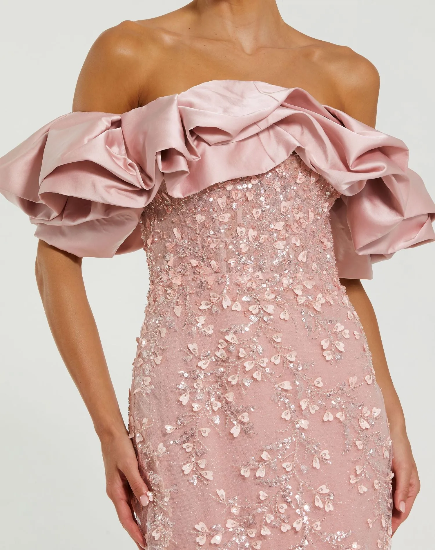 Pink Beaded Mermaid Gown With Off The Shoulder Ruffle sold by Mac Duggal product image thumbnail 2