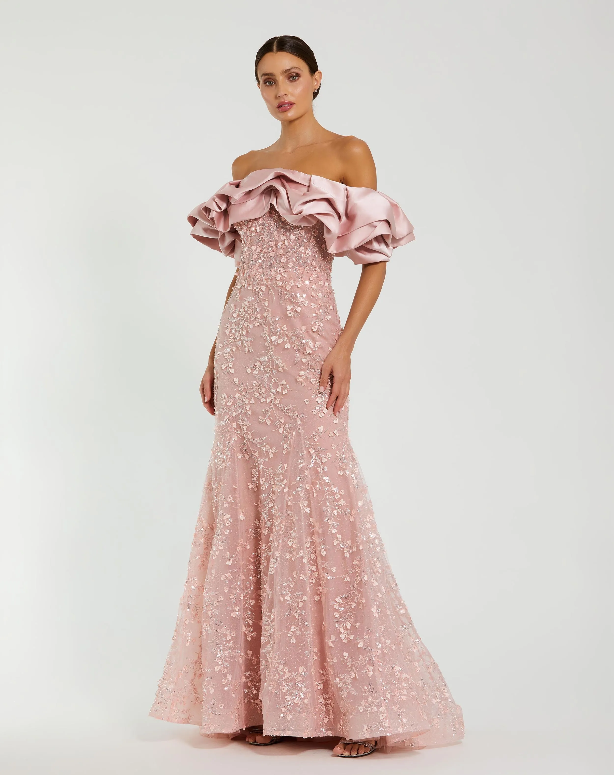 Pink Beaded Mermaid Gown With Off The Shoulder Ruffle sold by Mac Duggal