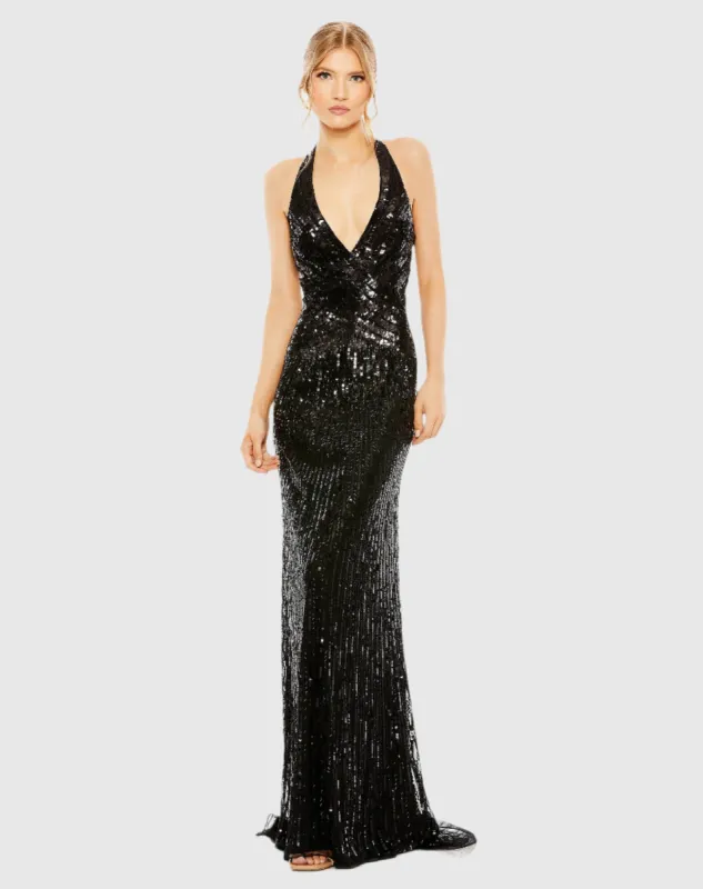 Black Sleeveless Faux Wrap Sequin Embellished Cut Out Back Gown sold by Mac Duggal