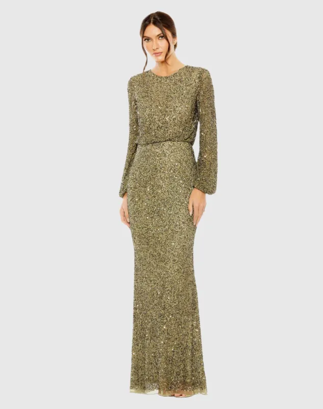 Green High Neck Long Sleeve Beaded Blouson Gown sold by Mac Duggal