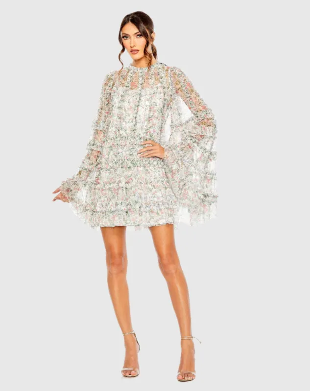Multicolor Floral Print Long Flare Sleeve Mesh A-Line Dress sold by Mac Duggal