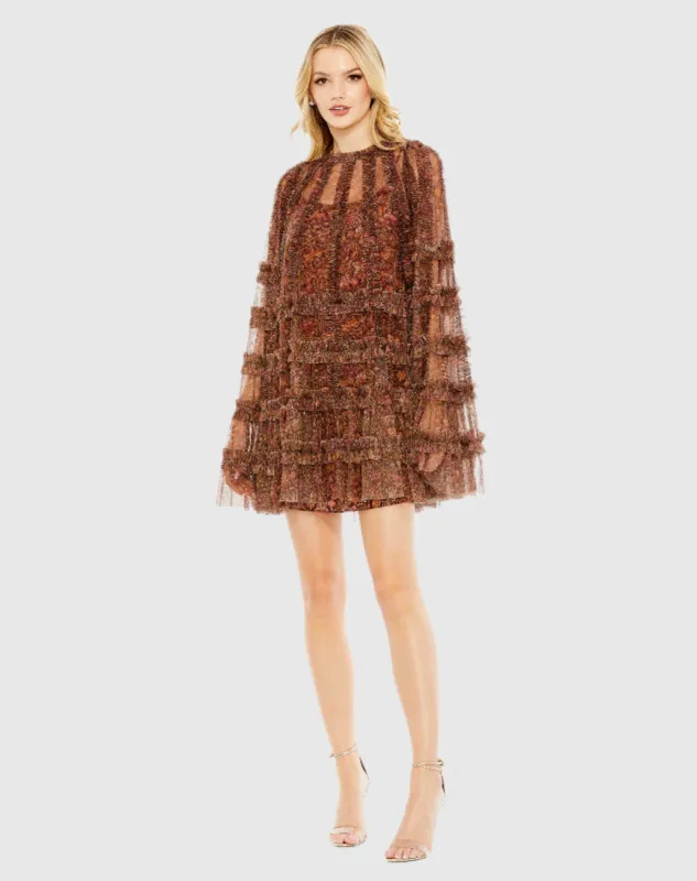 Brown Floral Print Long Flare Sleeve Mesh A-Line Dress sold by Mac Duggal