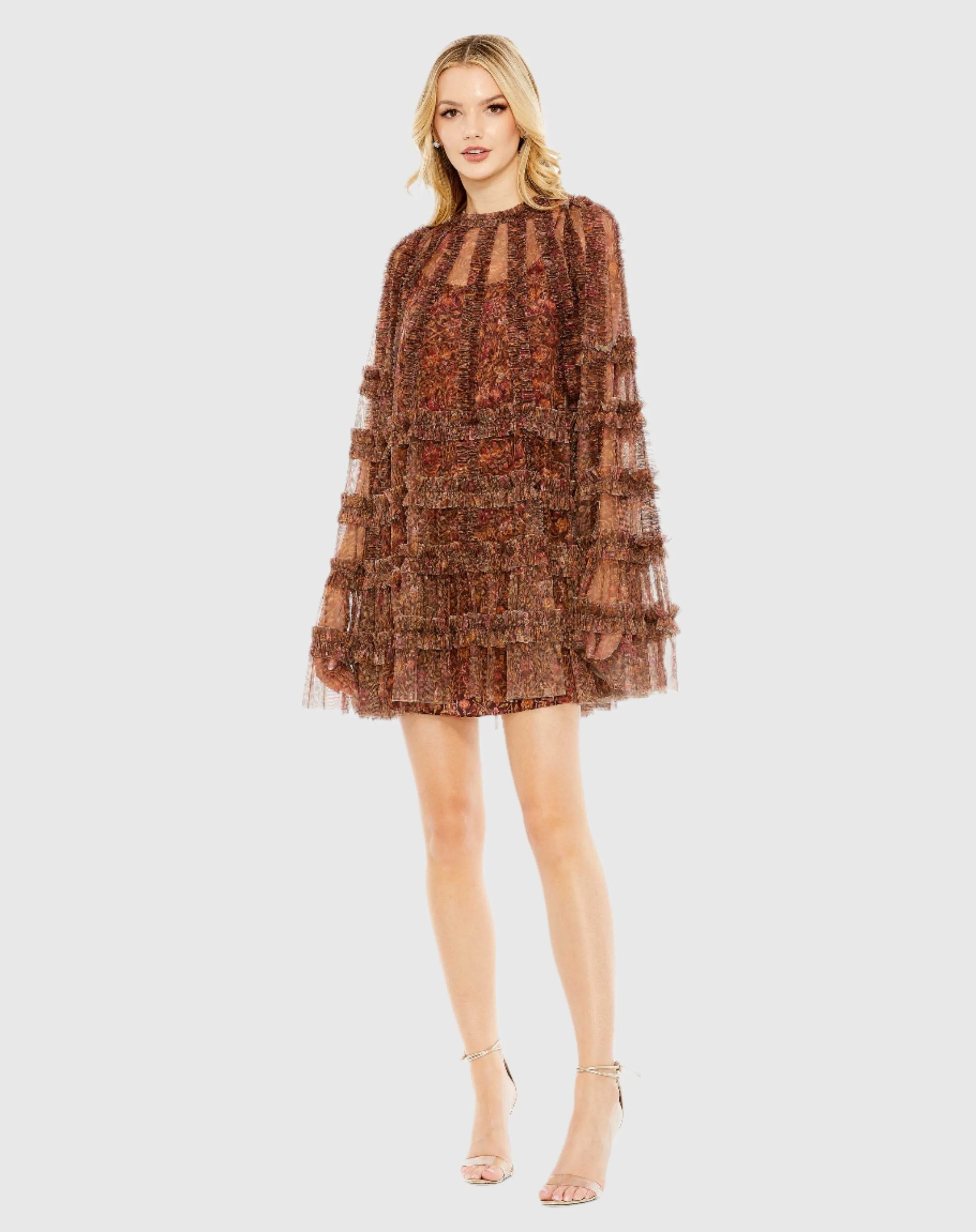 Brown Floral Print Long Flare Sleeve Mesh A-Line Dress sold by Mac Duggal