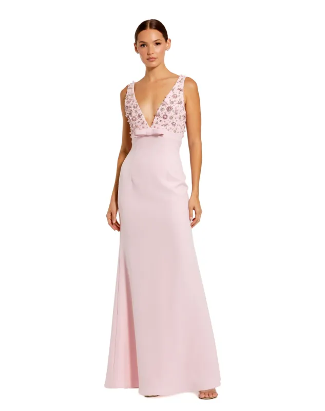 Pink Crepe Sleeveless Beaded V Neck Gown With Bow sold by Mac Duggal