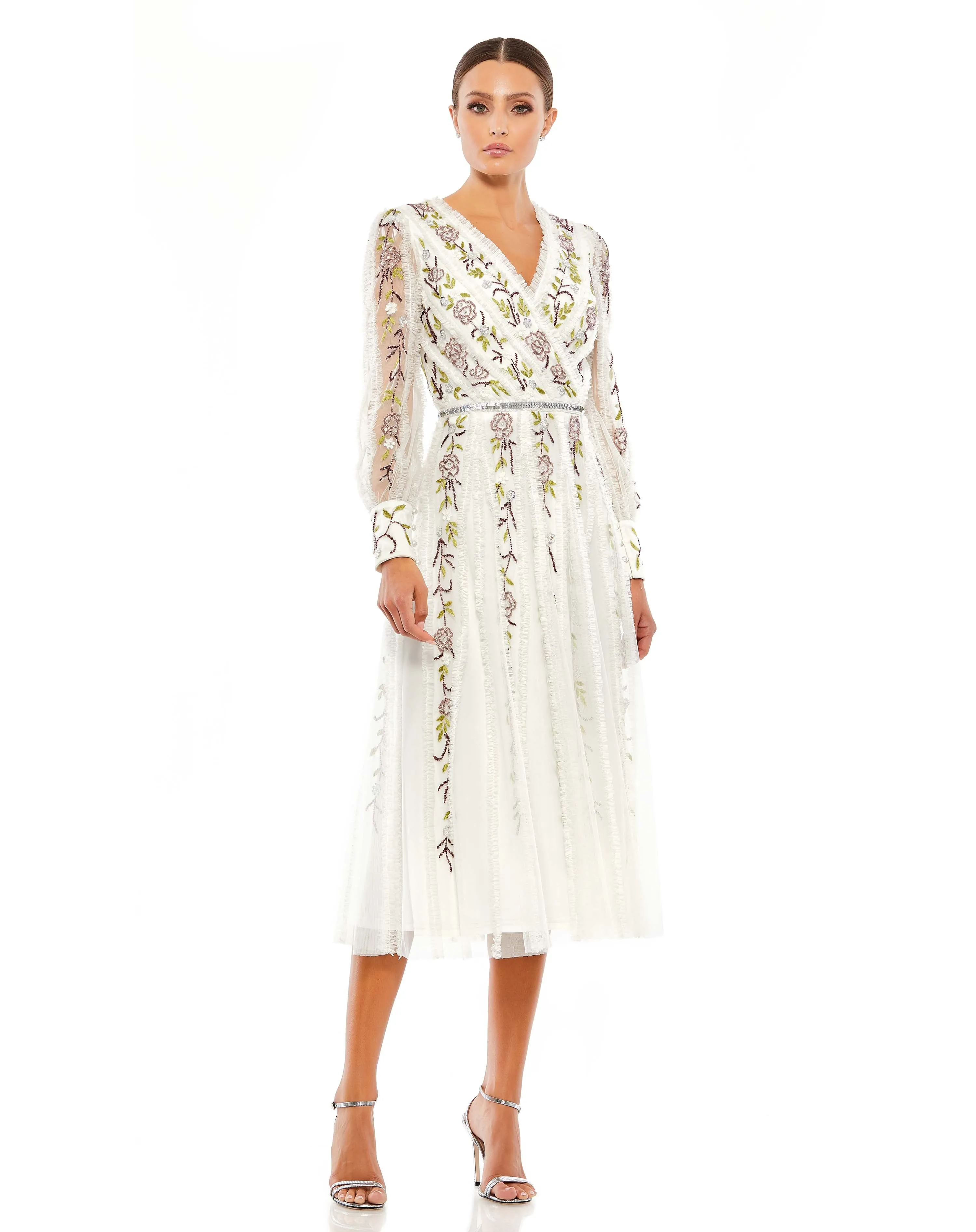 Long Sleeve Embroidered Wrap Midi Dress sold by Mac Duggal product image thumbnail 2