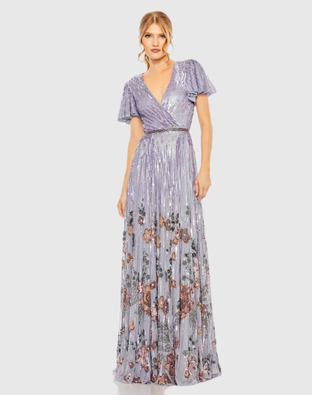Purple Flounce Sleeve V Neck Gown sold by Mac Duggal