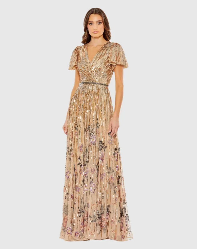 Gold Flounce Sleeve V Neck Gown sold by Mac Duggal