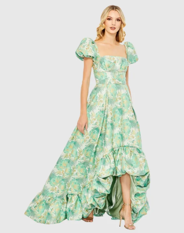 Floral Print Puff Sleeve High Low Brocade Gown sold by Mac Duggal
