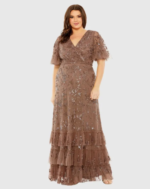 Brown Sequin Embellished Flutter Sleeve Faux Wrap V-Neck Tiered Gown sold by Mac Duggal