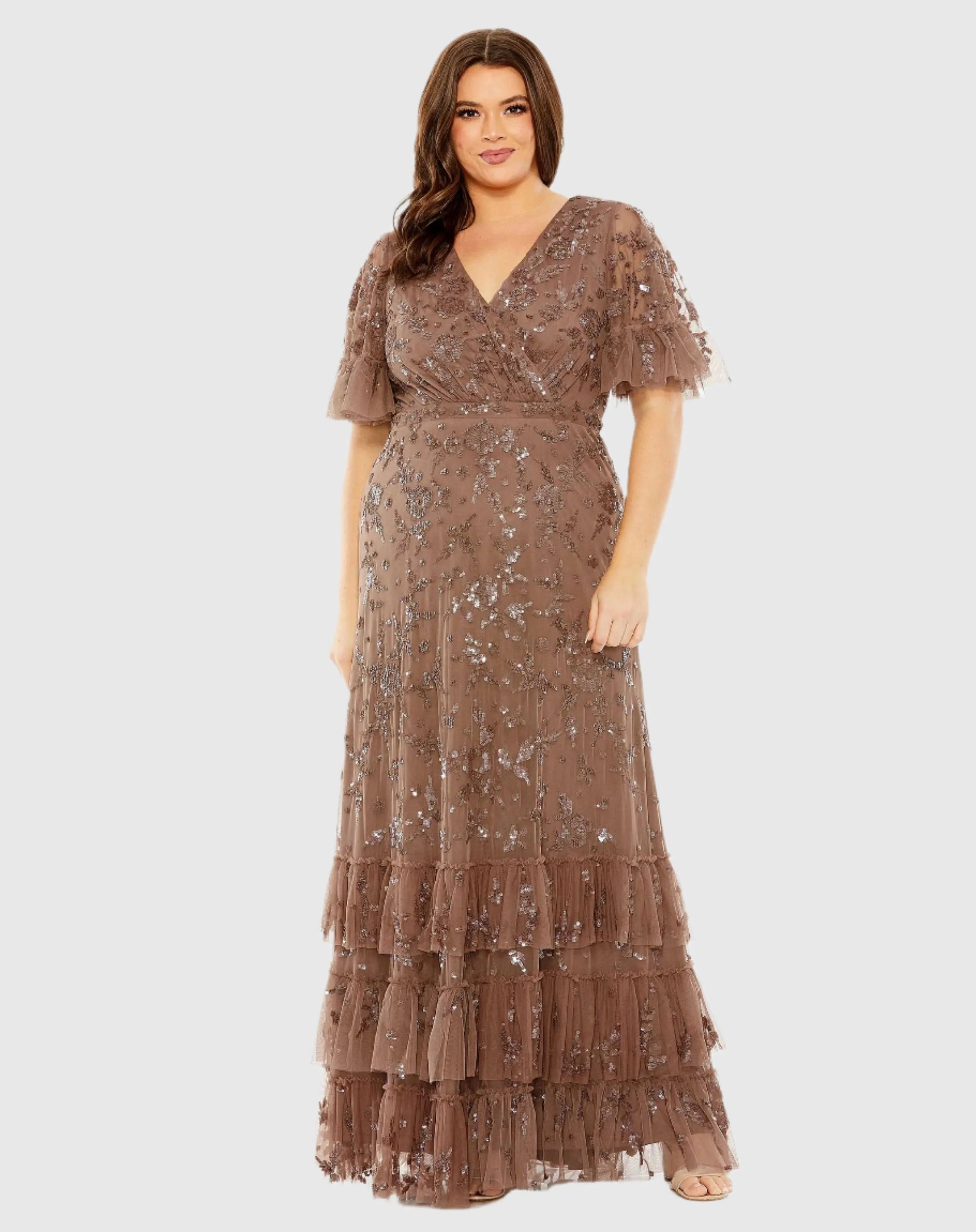 Brown Sequin Embellished Flutter Sleeve Faux Wrap V-Neck Tiered Gown sold by Mac Duggal
