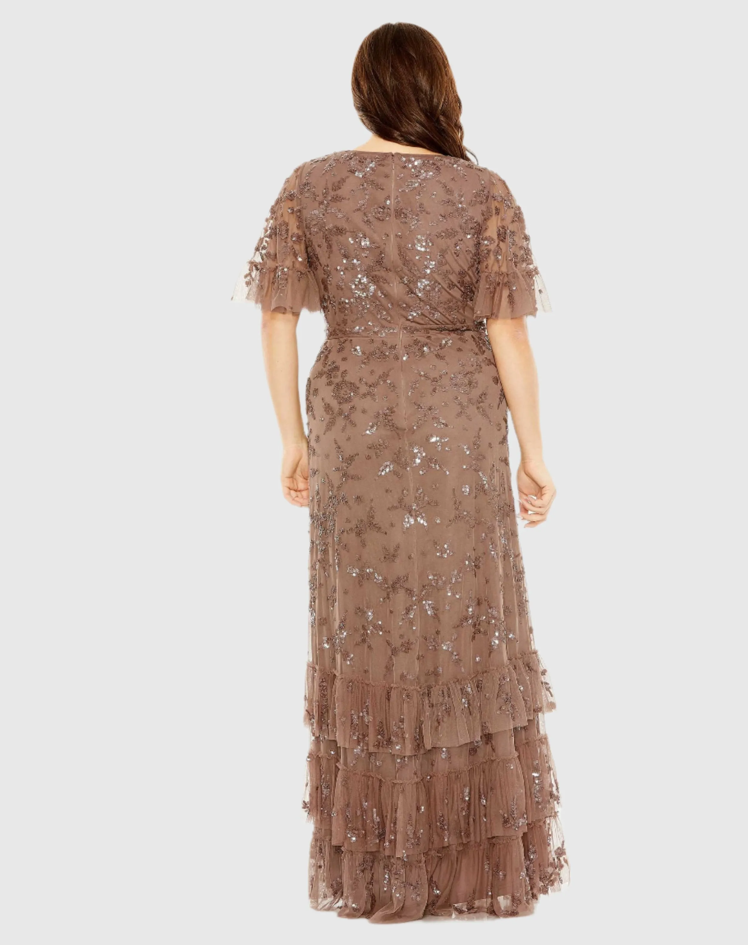 Brown Sequin Embellished Flutter Sleeve Faux Wrap V-Neck Tiered Gown sold by Mac Duggal product image thumbnail 3