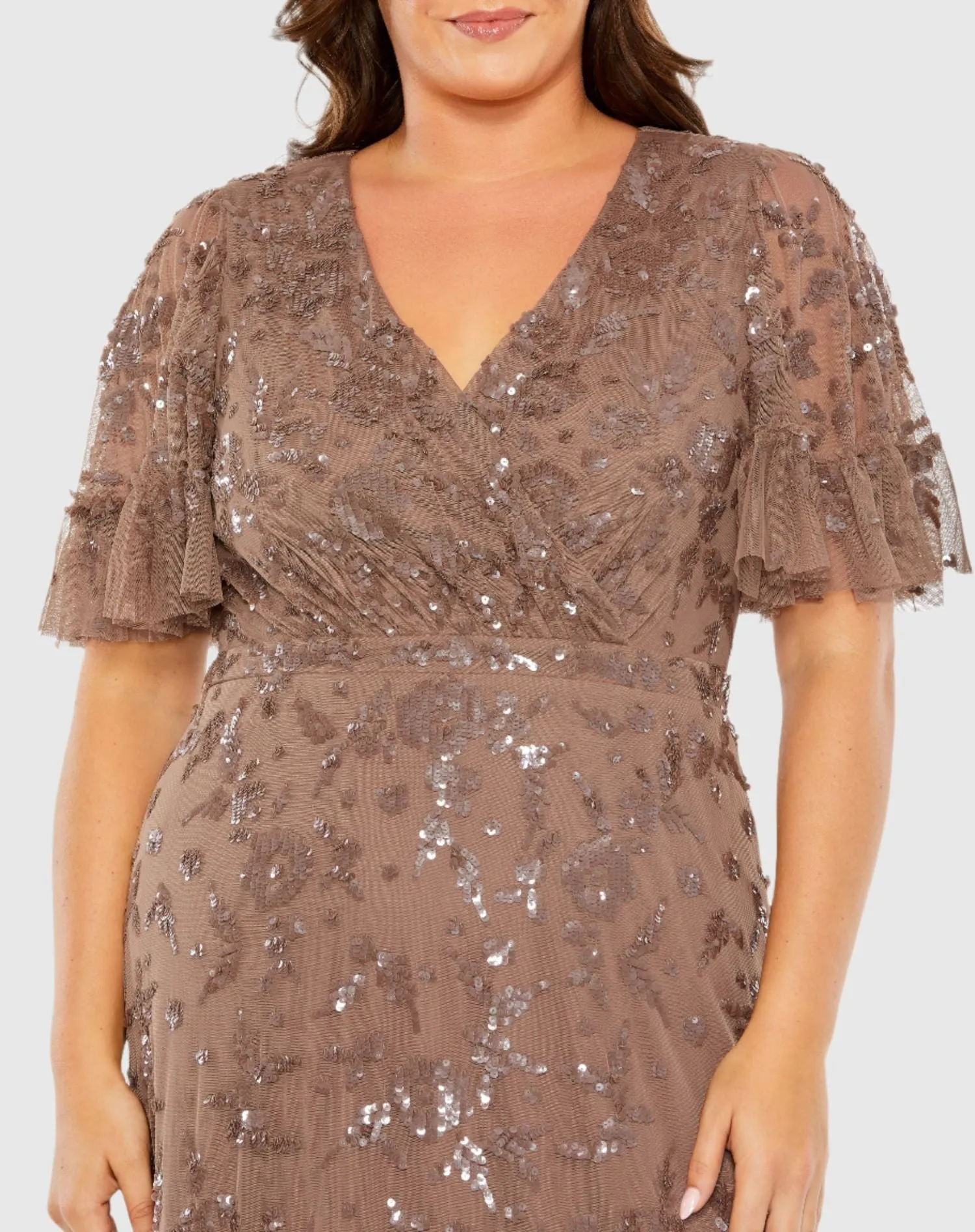 Brown Sequin Embellished Flutter Sleeve Faux Wrap V-Neck Tiered Gown sold by Mac Duggal product image thumbnail 2