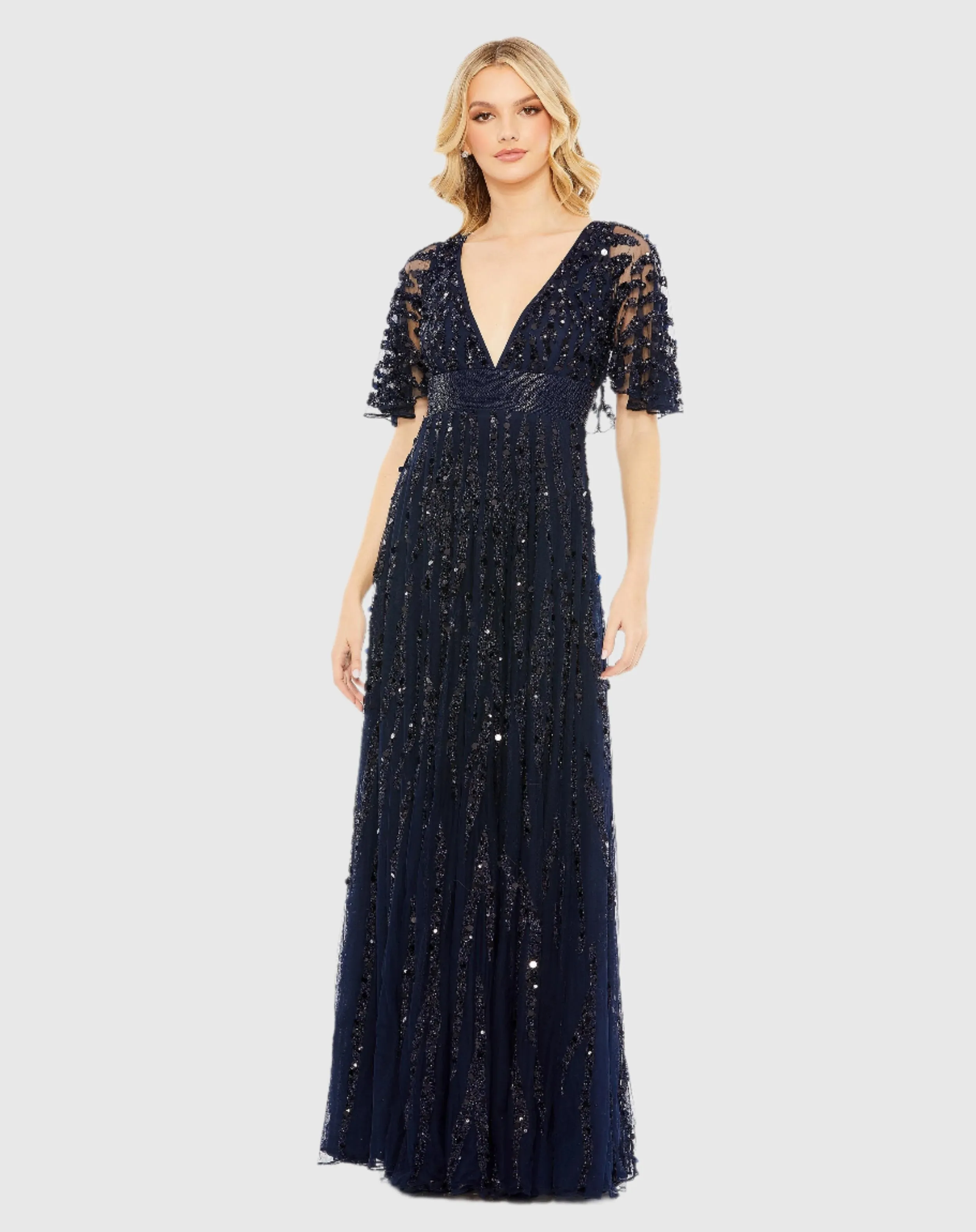 Navy Embellished V-neck Empire Waist Gown sold by Mac Duggal