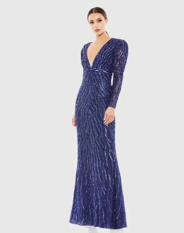 Navy Beaded Puff Sleeve Trumpet Evening Gown sold by Mac Duggal