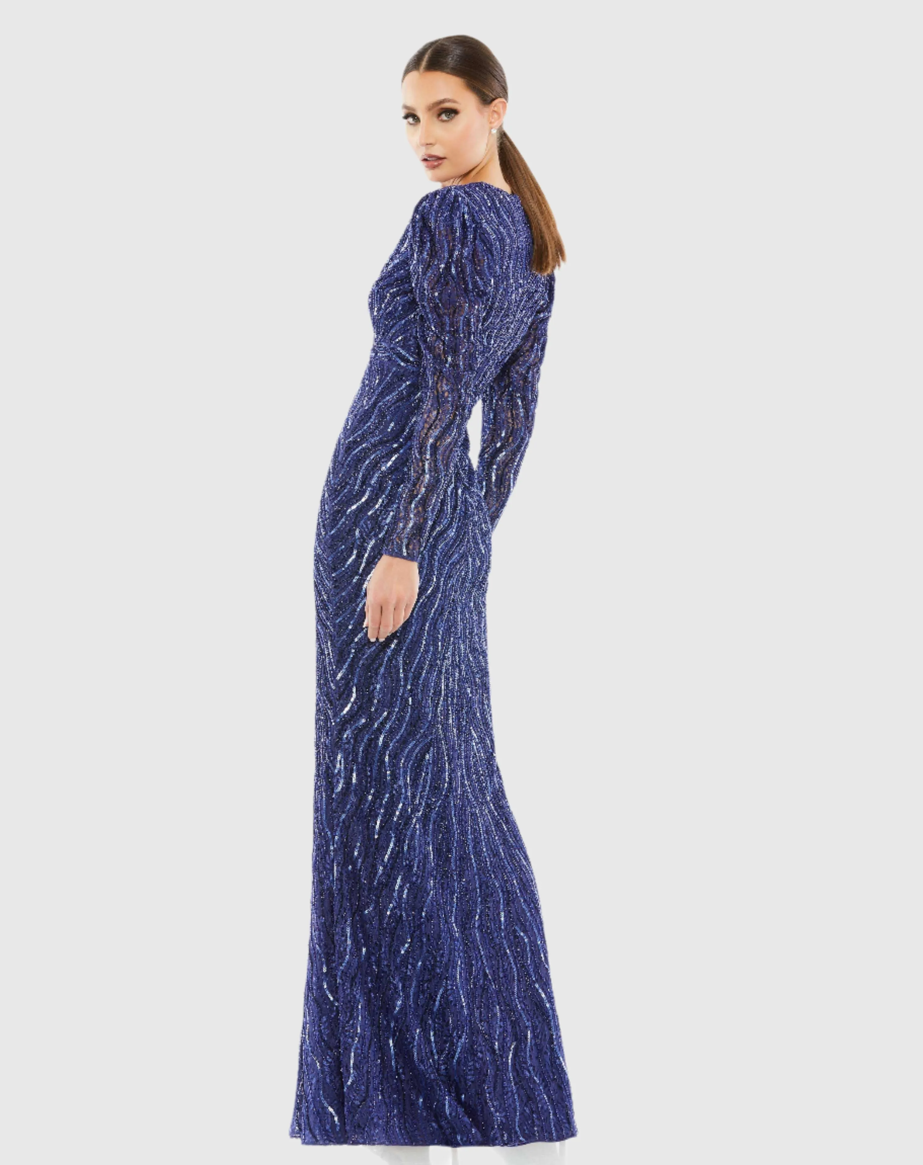Navy Beaded Puff Sleeve Trumpet Evening Gown sold by Mac Duggal product image thumbnail 3
