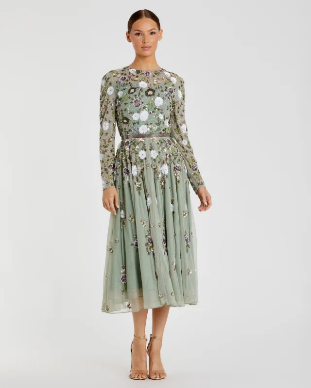 Sequined Floral Long Sleeve High Neck Midi Dress sold by Mac Duggal
