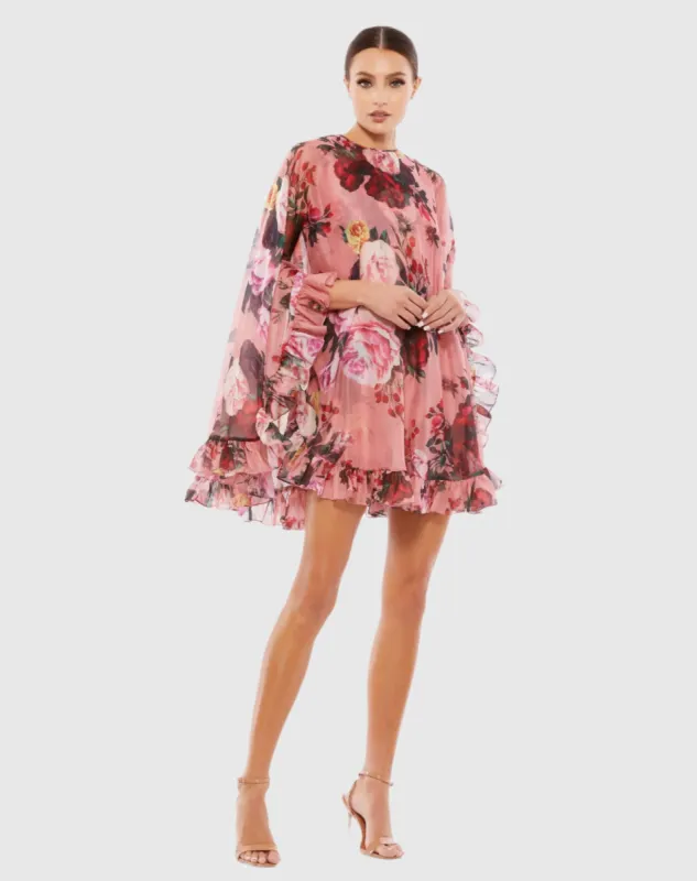 Floral Print High Neck Ruffle Hem Cape Mini Dress sold by Mac Duggal